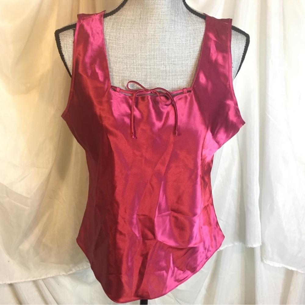 Vintage 90s Y2K Size Large L Tank Top  Lingerie Cami Sleeveless Red Tie Bow Neck